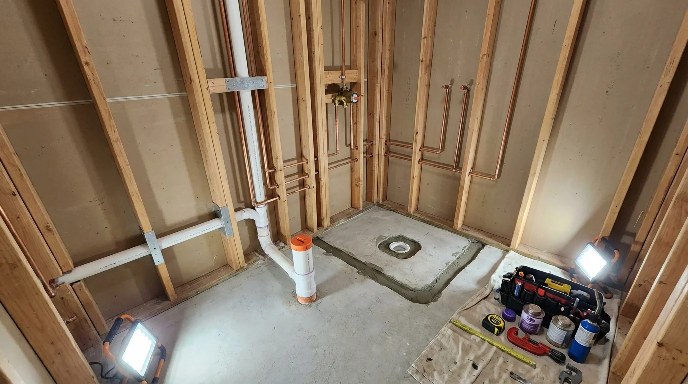 Bathroom rough-in plumbing during remodel by Johns Plumbing LLC in Gates Mills