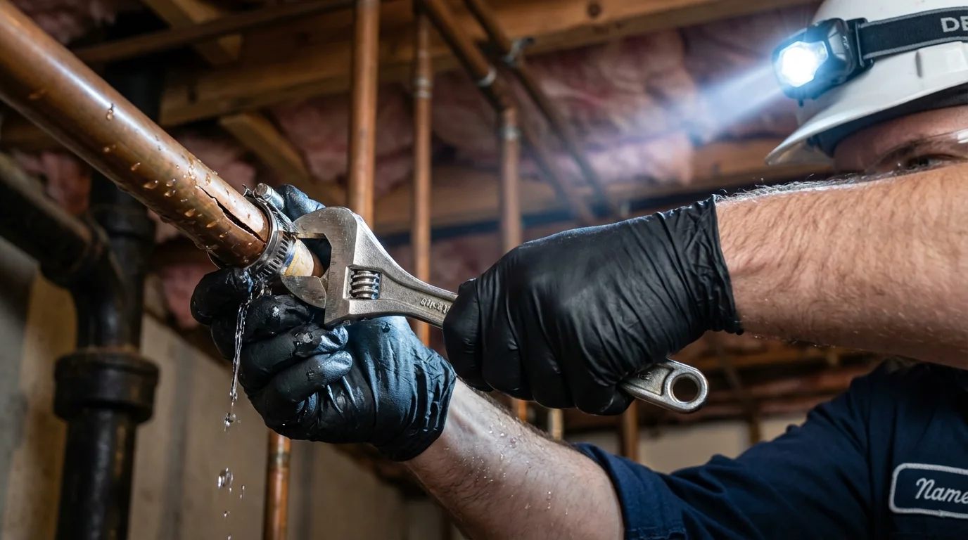 Emergency pipe clamp repair being performed by a Johns Plumbing LLC plumber in Gates Mills