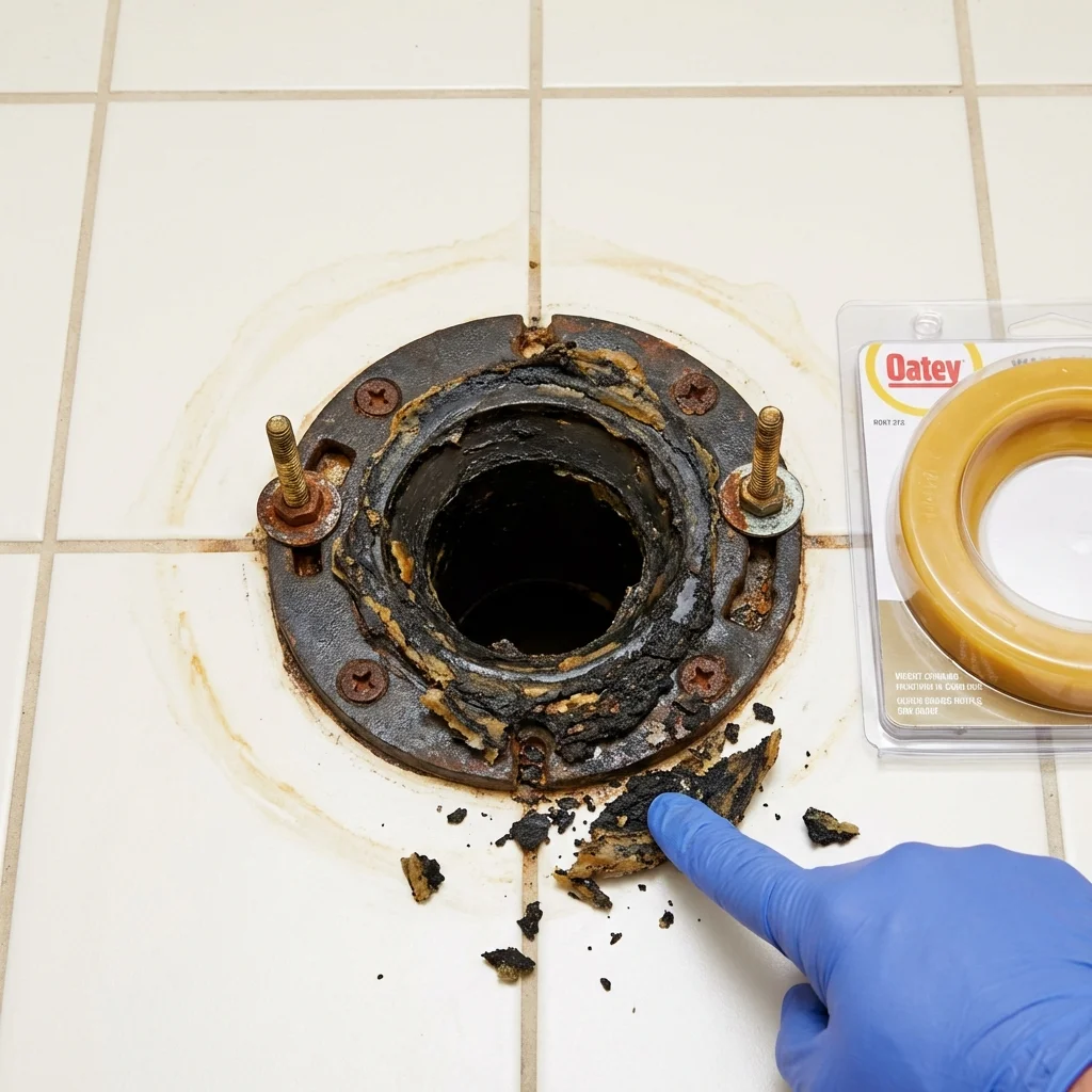 Failed wax ring showing water seepage at the base of a toilet in a Gates Mills, OH home