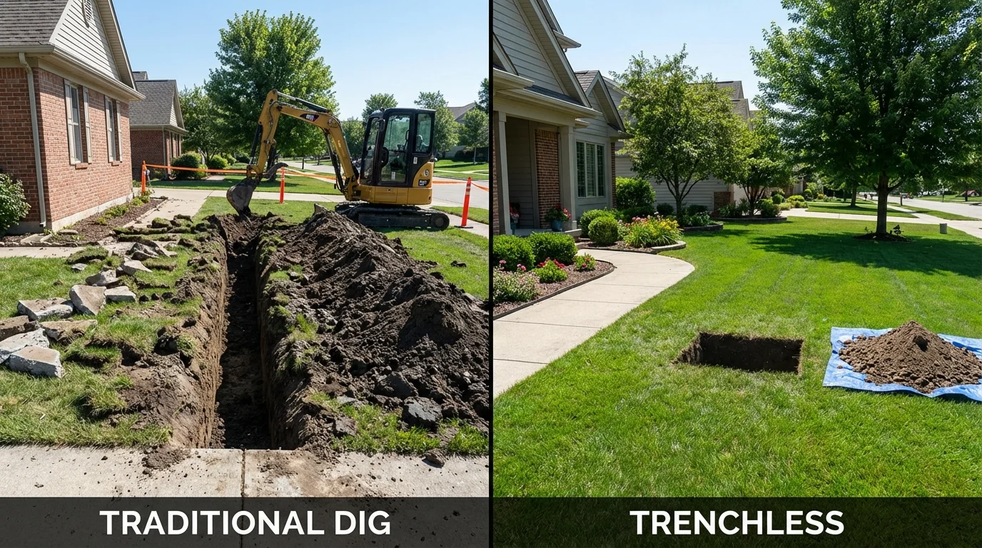 Trenchless sewer repair with minimal yard damage versus traditional excavation in Gates Mills, OH