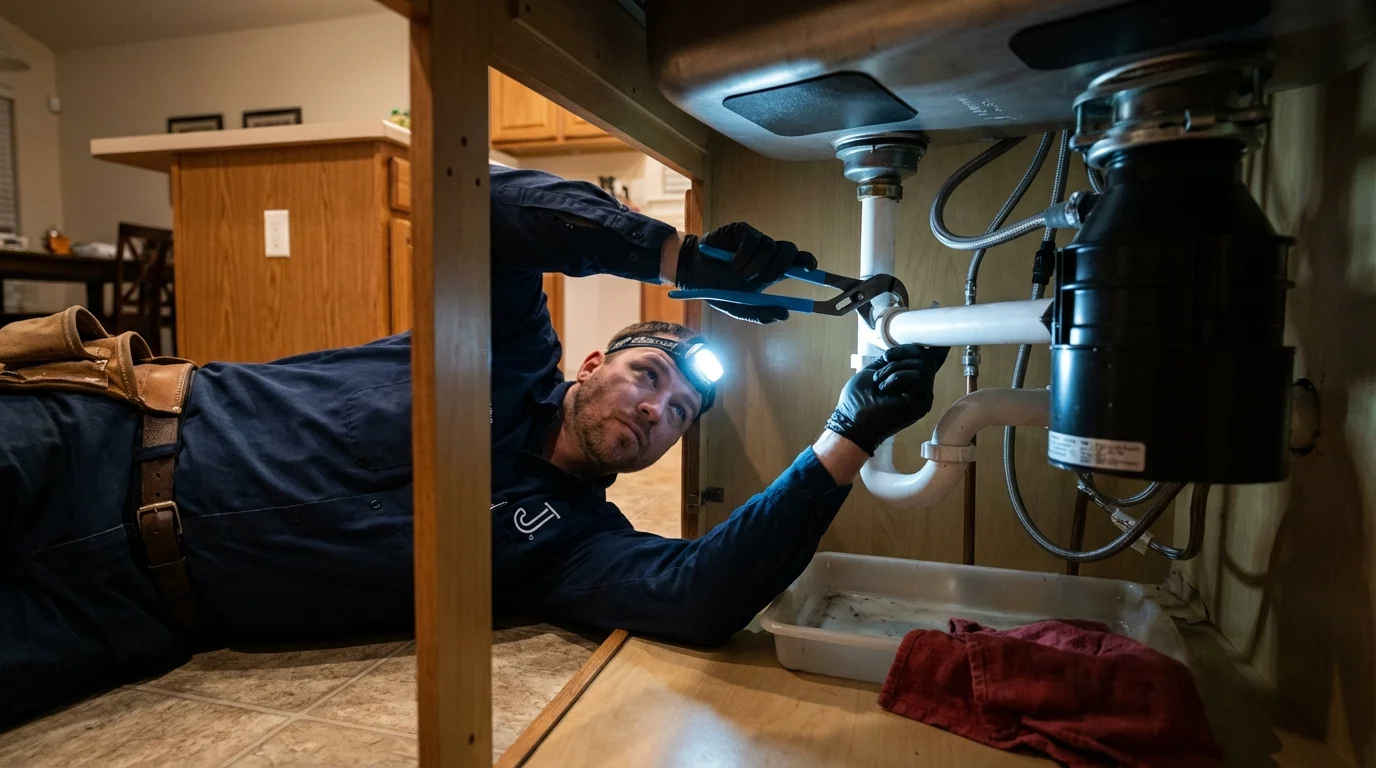 P-trap and supply line connections under a kitchen sink showing a common leak point in Gates Mills, OH
